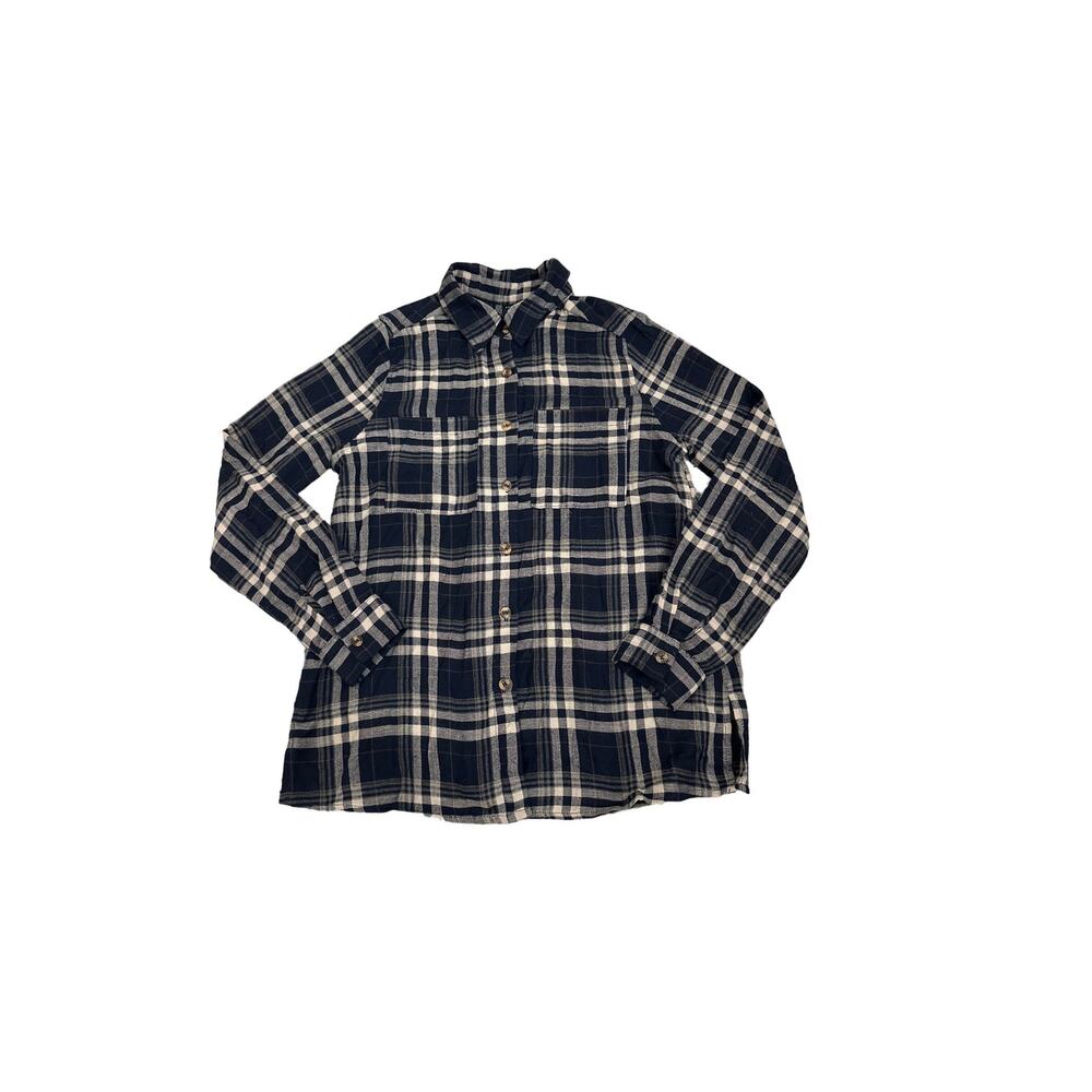 SHEIN Button Down Plaid Blue Tan Boyfriend Flannel Shirt Size Women's XS (2)